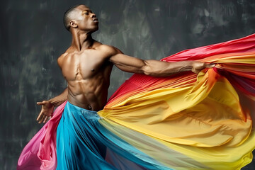 A male dancer posing with a flowing, rainbow-colored wrap skirt. Elegant, statuesque dancer against a dark background.