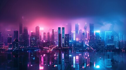 Obraz premium Neon Cityscape at Night with Reflections