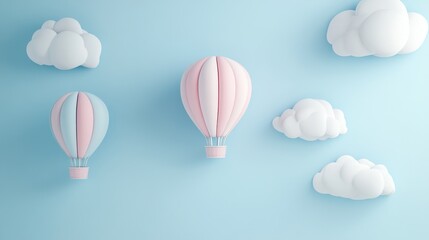 Two pastel hot air balloons floating among fluffy clouds on a soft blue background.