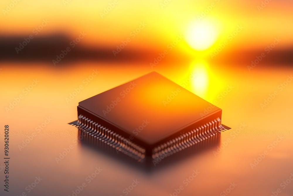 Poster a striking microchip emerges from the sunsets glow representing the dawn of a new technological era 