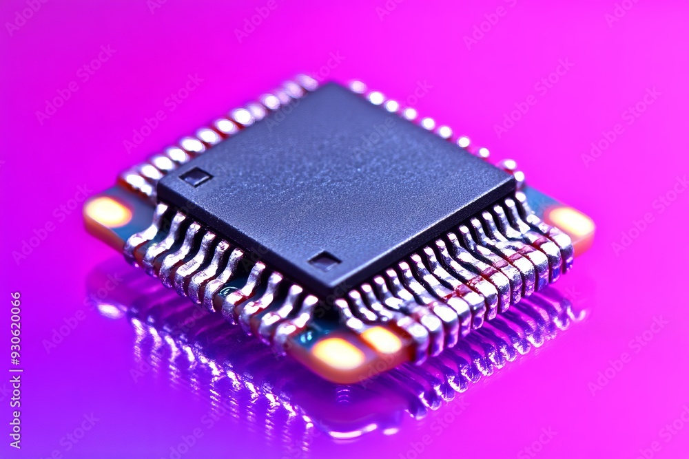 Poster colorful and vibrant microchip isolated on a neon purple background representing the dynamic energy 