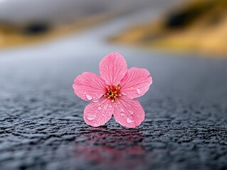 A delicate flower with raindrops on its petals sits on a wet road