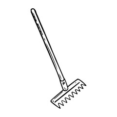 Garden rake hand drawn in doodle style. Hobby gardening. Working tool for construction and cleaning with a long handle. Vector line art illustration.