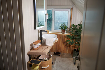 Bathroom with window and natural style plants with white sink and wood countertop with black faucet