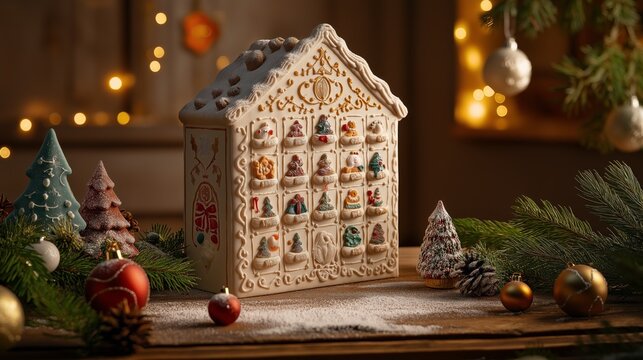 Festive white gingerbread Advent calendar surrounded by holiday decorations in cozy winter setting