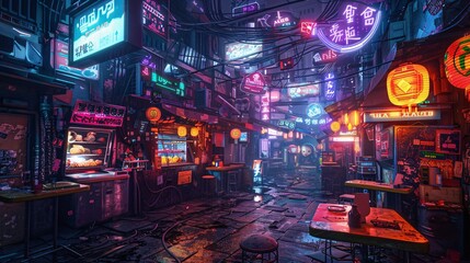 Obraz premium Neon-Lit Alleyway in a Cyberpunk City