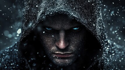 The face of the man in a hood is covered by pixels