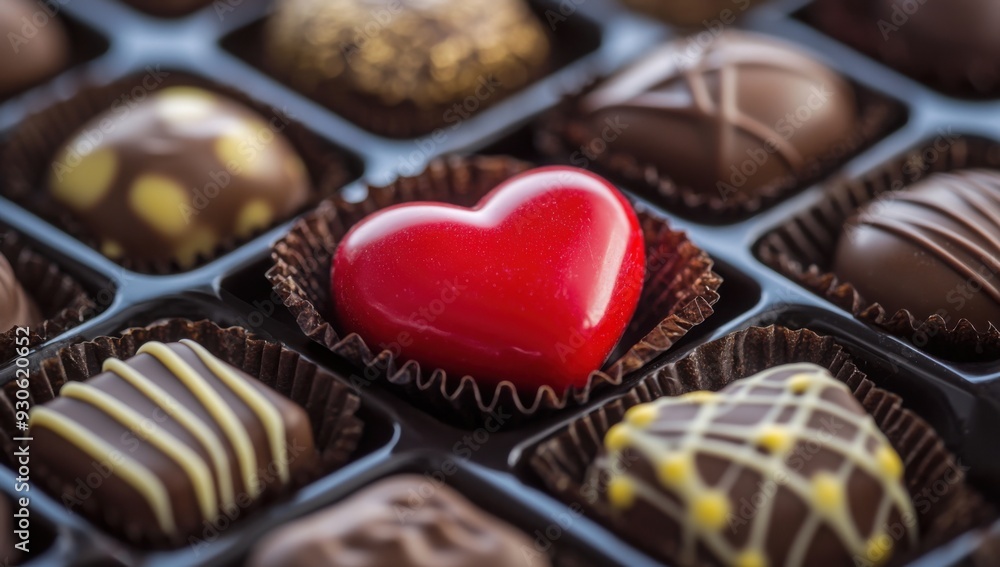 Poster a box of assorted chocolates with a red heart in the center
