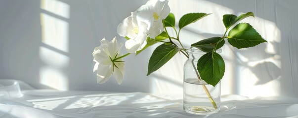 White flower in a glass vase on white background, 4K hyperrealistic photo