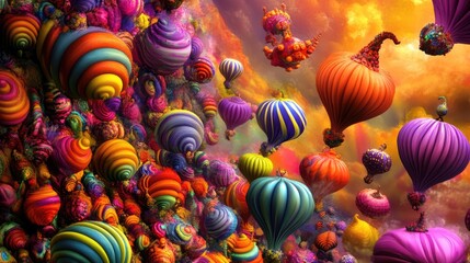 Whimsical 3D render of a colorful balloon animal parade at a carnival