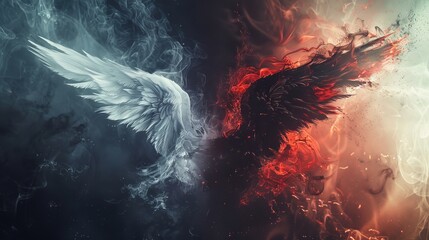 Concept art of good versus evil: Radiant white angel wing juxtaposed with dark, sinister red and black demon wing. Depiction of heaven and hell. The eternal battle of good and bad