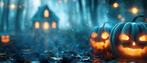 Spooky Halloween scene featuring glowing pumpkins in a misty forest with a haunted house in the background.