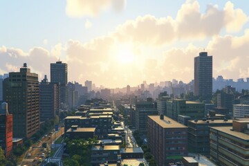 Fototapeta premium Bustling Cityscape 3D Rendering with Skyscrapers and Busy Streets.