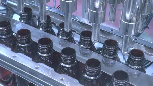 Bottles filling automation machine in modern factory. Technology demonstration of filling and capping bottles in the industry. Inspection of Vials For Defects. Pharmaceutical and drink Manufacturing.