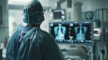Doctor looking at patient's x-ray results on the screen in hospital