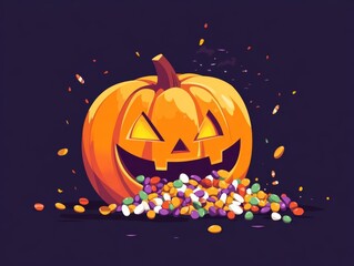 Pumpkin with candy spilling out, Halloween night, flat design illustration