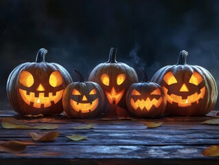 Multiple jackolanterns, arranged on rustic wooden table, 3D illustration
