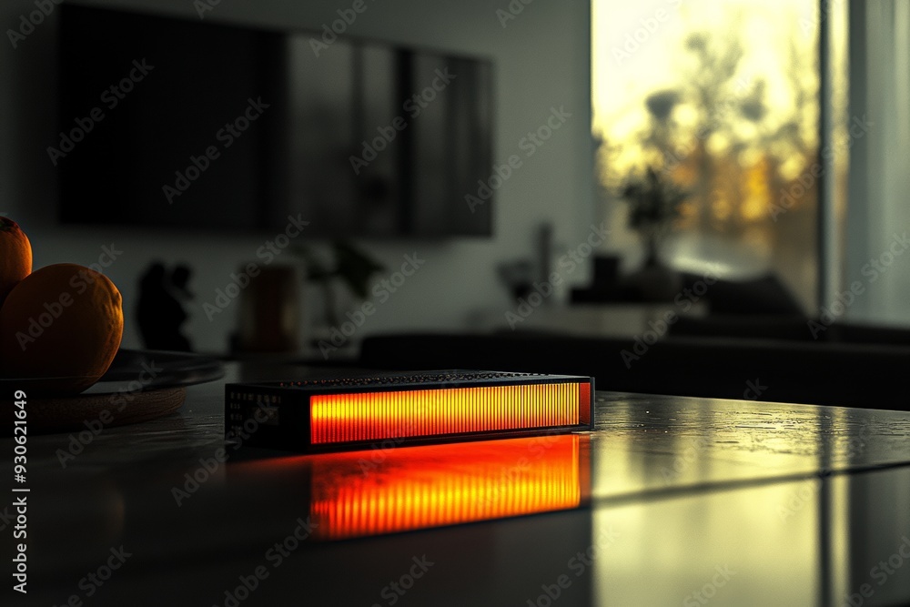 Poster a sleek microchip glowing in a soft orange light situated on a modern desk representing the blend of