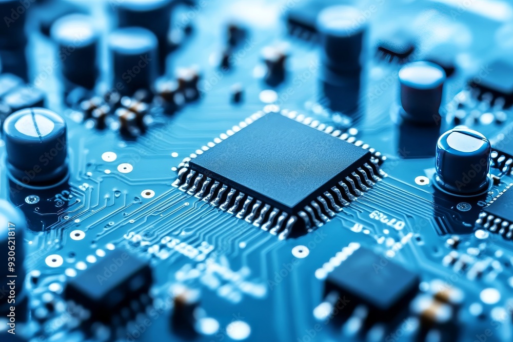 Poster intricate macro shot of a microchip on a circuit board surrounded by a sea of blue tones illustratin