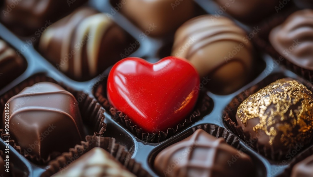 Poster a delightful box of assorted chocolates featuring a beautiful red heart positioned right in the midd