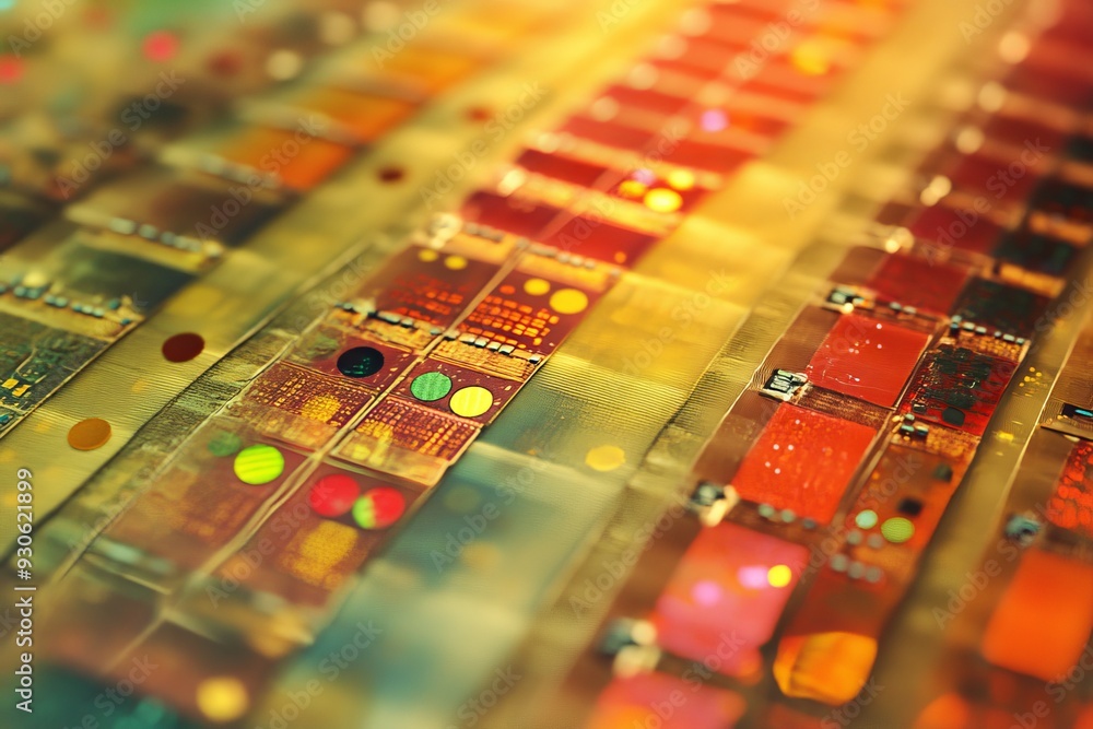 Poster a vibrant close up of a colorful circuit board highlighting the golden pathways and intricate design