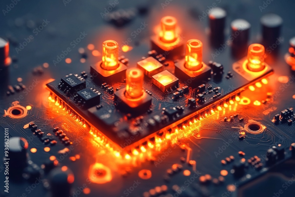 Aufkleber futuristic circuit board with glowing orange components representing the energy and power flowing th