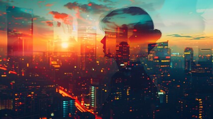 Silhouette of a Woman Overlooking a Cityscape at Sunset