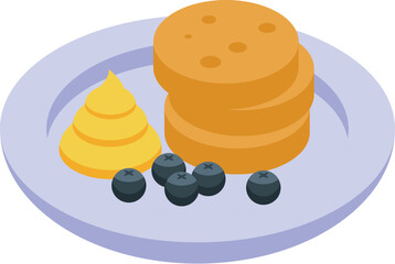Isometric view of a plate with delicious pancakes, cream and blueberries