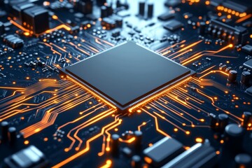 High tech circuit board with intricate orange pathways highlighting the complexity and precision of modern electronics and the critical role of microchips in digital technology