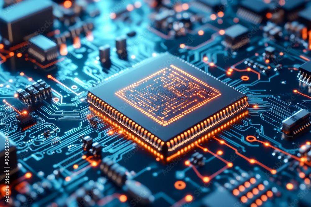 Poster detailed close up of a microchip embedded in a blue circuit board glowing with orange light symboliz