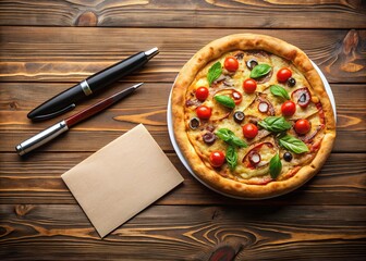 A warm, freshly baked pizza is displayed on a wooden table next to a business card and a pen, symbolizing a culinary entrepreneur's exchange.