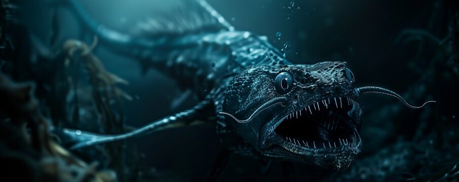Eerie viperfish lurking in the darkness of the abyss, 4K hyperrealistic photo