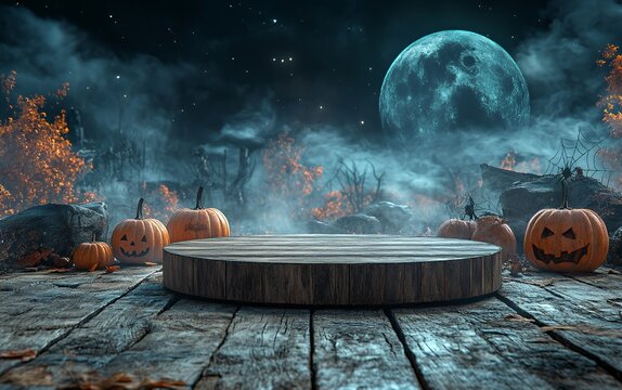 A spooky Halloween scene featuring pumpkins, a wooden platform, and a full moon.