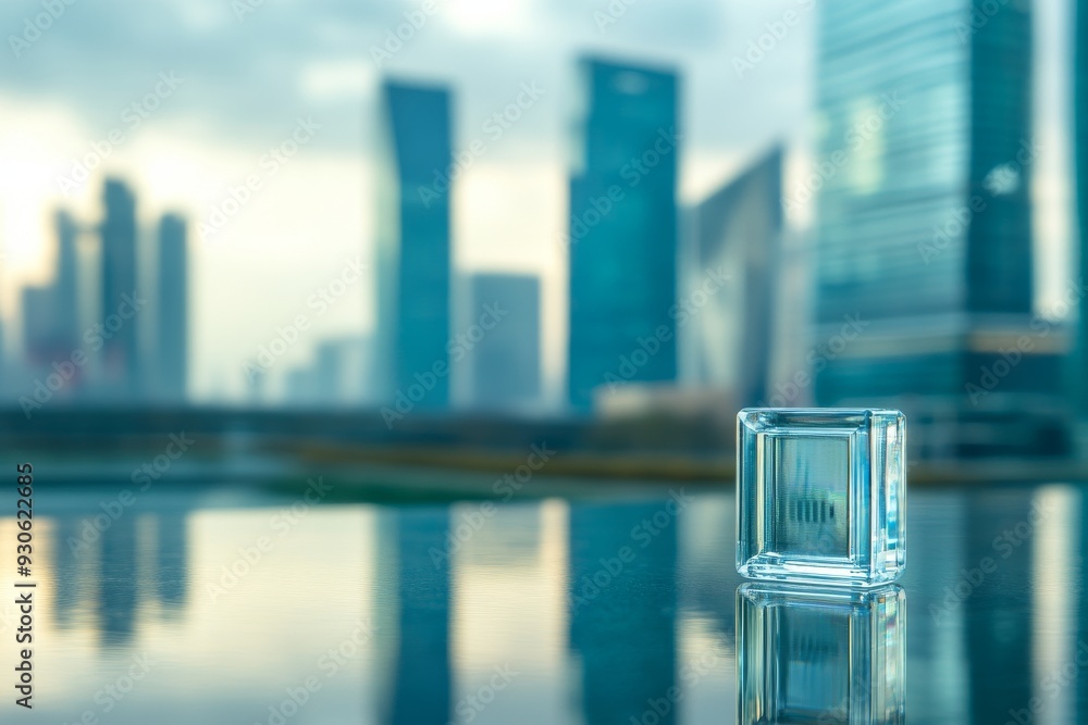 Poster futuristic urban cityscape with glowing architecture reflected on a tranquil water surface capturing