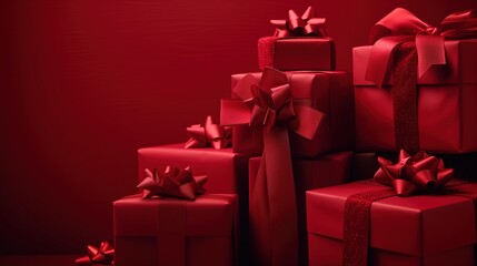 Stacked red gift boxes with matching ribbons and bows, viewed from the side, arranged on a burgundy background. 