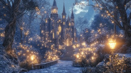 Obraz premium Whimsical 3D render of a fairy tale castle surrounded by magical creatures