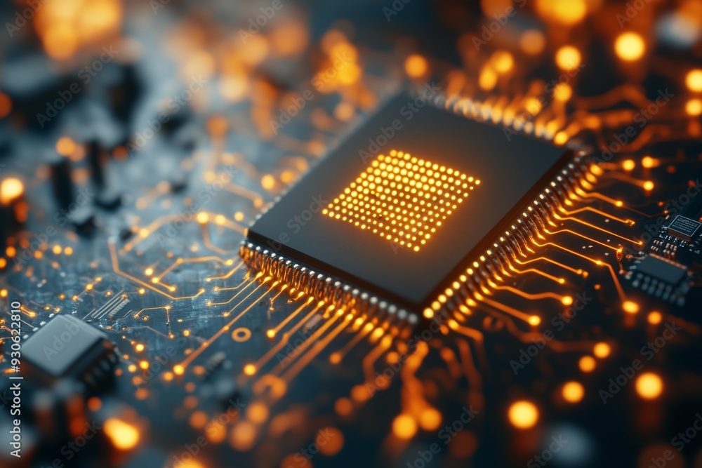 Aufkleber futuristic circuit board illuminated by warm orange lights representing the flow of digital informat