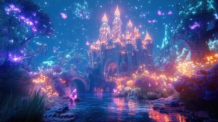 Whimsical 3D render of a fairy tale castle surrounded by magical creatures