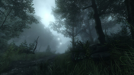 Fototapeta premium Forest of horrors. Night in the forest. Natural scene with forest and moonlight. Night view of the forest, nature, fog, smog, smoke. Halloween design.