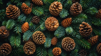 Top view on spruce and thuja branches with cones. Christmas background. Copy space.