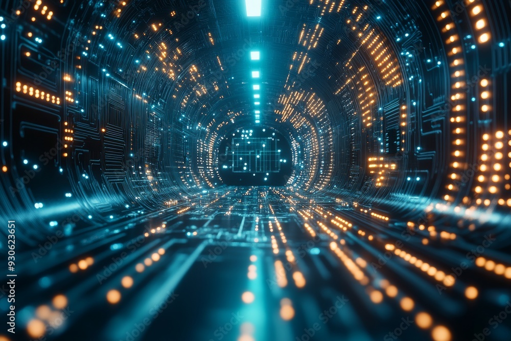 Poster high tech close up of a vibrant circuit board in a futuristic setting symbolizing the seamless integ