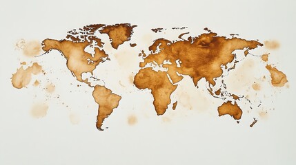 Drawing of a world map inside a coffee stain, set against a white background. 