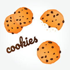 Vector realistic cartoon american cookies with chocolate chips. Bitten and broken american cookies of different size with crumbles. Cookies set. Vector illustration EPS 10