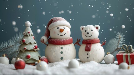 Fototapeta premium Merry Christmas holiday greeting card. Santa Claus, snowman, polar bear, fir-tree. Christmas cartoon, copy space