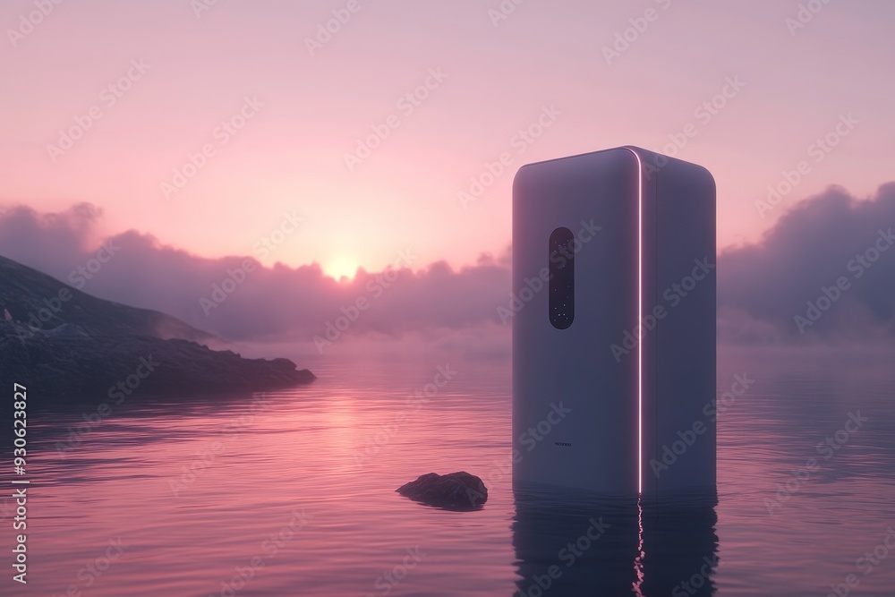 Aufkleber serene futuristic structure floating on a tranquil lake at sunrise symbolizing the fusion of technol