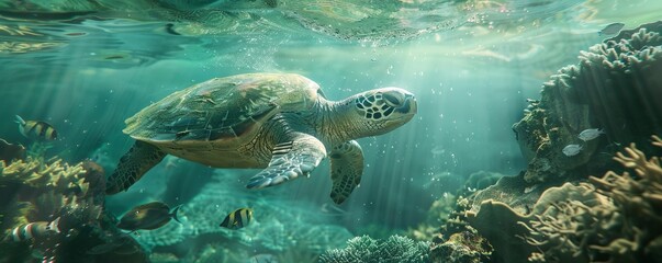 Underwater scene with sea turtles, 4K hyperrealistic photo