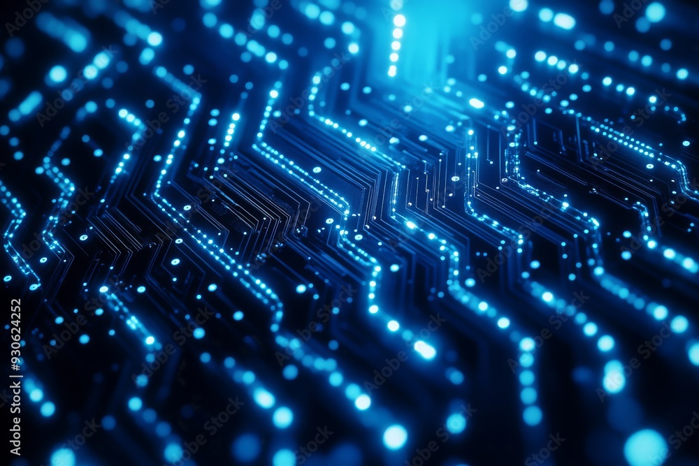 Poster abstract circuit board with glowing blue lights illustrating the intricate connectivity and advanced