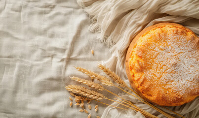 Fall homemade pumpkin cake, wheat on rustic linen textile background with copy space. Classic Thanksgiving pastry tart. Top view, flat lay. Autumn concept for banner, poster, flyer, greeting card