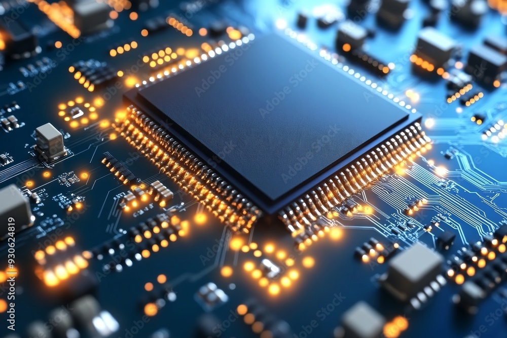 Poster abstract representation of a circuit board glowing with blue and orange lights highlighting the conn