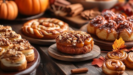 Fall-Themed Desserts, Various fall themed desserts like caramel apples, pumpkin cookies and cinnamon rolls, Thanks giving day